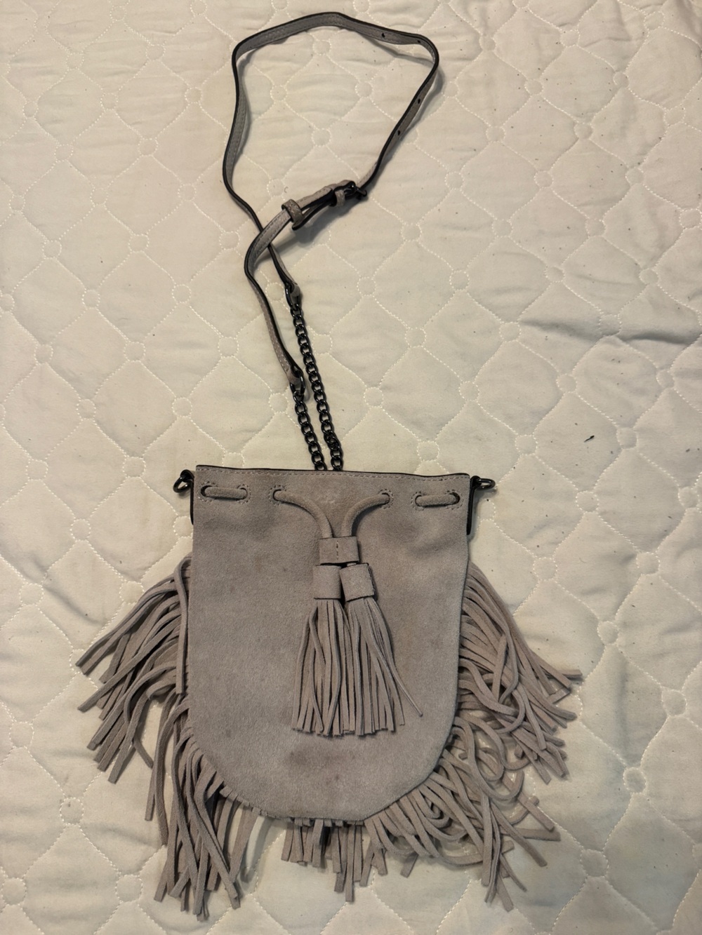 Rebecca Minkoff Gray Suede Fringe Crossbody Bag with Chain Strap